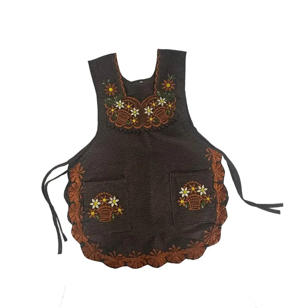 Brown Mexican Embroidered Smock Apron – Floral Traditional Design